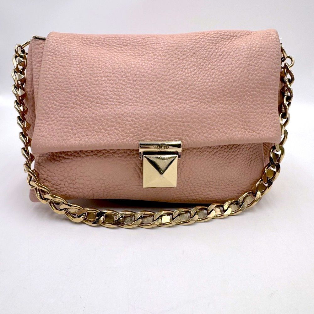 Auth Valentino Garavani Soft Pebbled Light Pink Leather Shoulder Bag Thick Chain